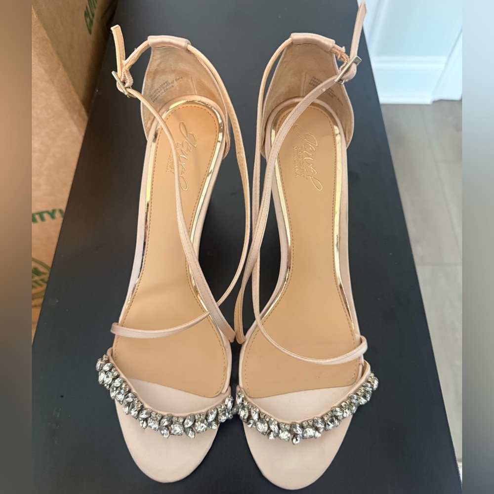 Jewel Badgley Mischka Champagne Strappy Wedges with Rhinestone Detail